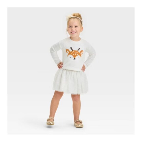 NEW Toddler Girls' Deer Pullover Sweater - Cat & Jack™ Cream 2T - Picture 3 of 5